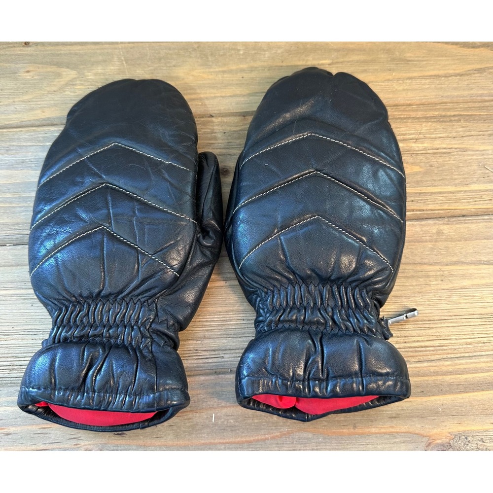 VTG Leather Mittens Chevron Stitched Mens Small Black Retro Excellent